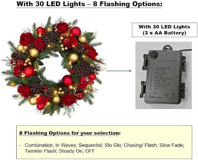 BIG 25" D Pre-lit Christmas Artificial Rose Pine Wreath w Natural Grapevine Base Lotus Seedpod (35 LED Lights, 8 Flash Options) for Xmas Decor at Shop Home Front Door Living Room Wall Window (Battery)