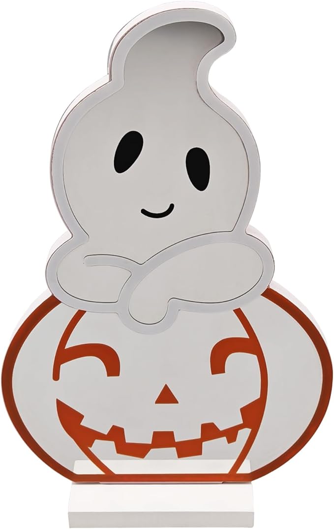 LED Halloween Pumpkin Light, Cute Neon Pumpkin and Ghost Sign Decor,11.57 Inch Halloween 3D Infinity Lights with USB Powered for Table, Room, Party Decoration