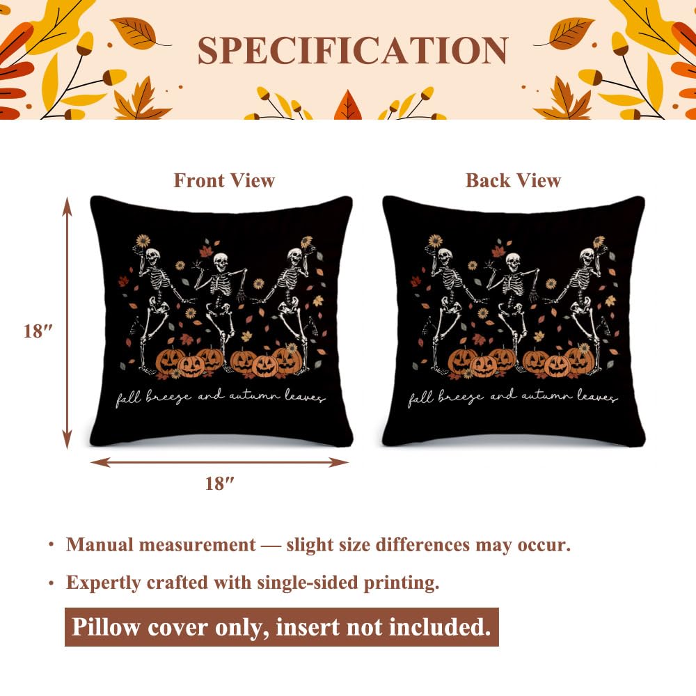 Ymzkpoa Cool Fall Gothic Throw Pillow Cover 18x18, Dancing Skeleton Pillow Cover Pumpkin Indoor Outdoor Decor, Cute Autumn Vintage Halloween Bedroom Decor