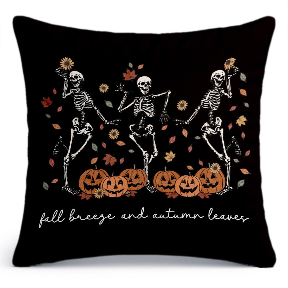 Ymzkpoa Cool Fall Gothic Throw Pillow Cover 18x18, Dancing Skeleton Pillow Cover Pumpkin Indoor Outdoor Decor, Cute Autumn Vintage Halloween Bedroom Decor