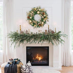 24 inch Christmas Door Wreath, Pine Wreaths for Front Door with Golden Ball Glittered Leaf Spray Stems Pinecones Berries for Fireplace Xmas Decorations, Wall Window Indoor Outdoor Decor