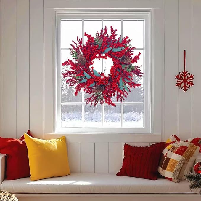 20 Inch Christmas Wreath for Front Door, Artificial Berry with Pinecone, Artificial Red Berry Flower Garlands, Used for Window, Wall, Porch, and Other Indoor and Out Door Home Decorations