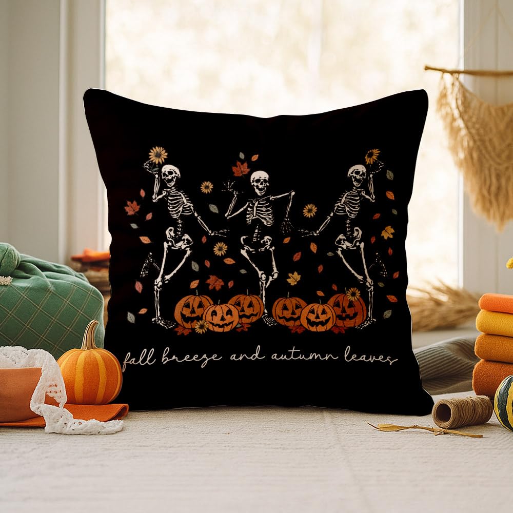 Ymzkpoa Cool Fall Gothic Throw Pillow Cover 18x18, Dancing Skeleton Pillow Cover Pumpkin Indoor Outdoor Decor, Cute Autumn Vintage Halloween Bedroom Decor