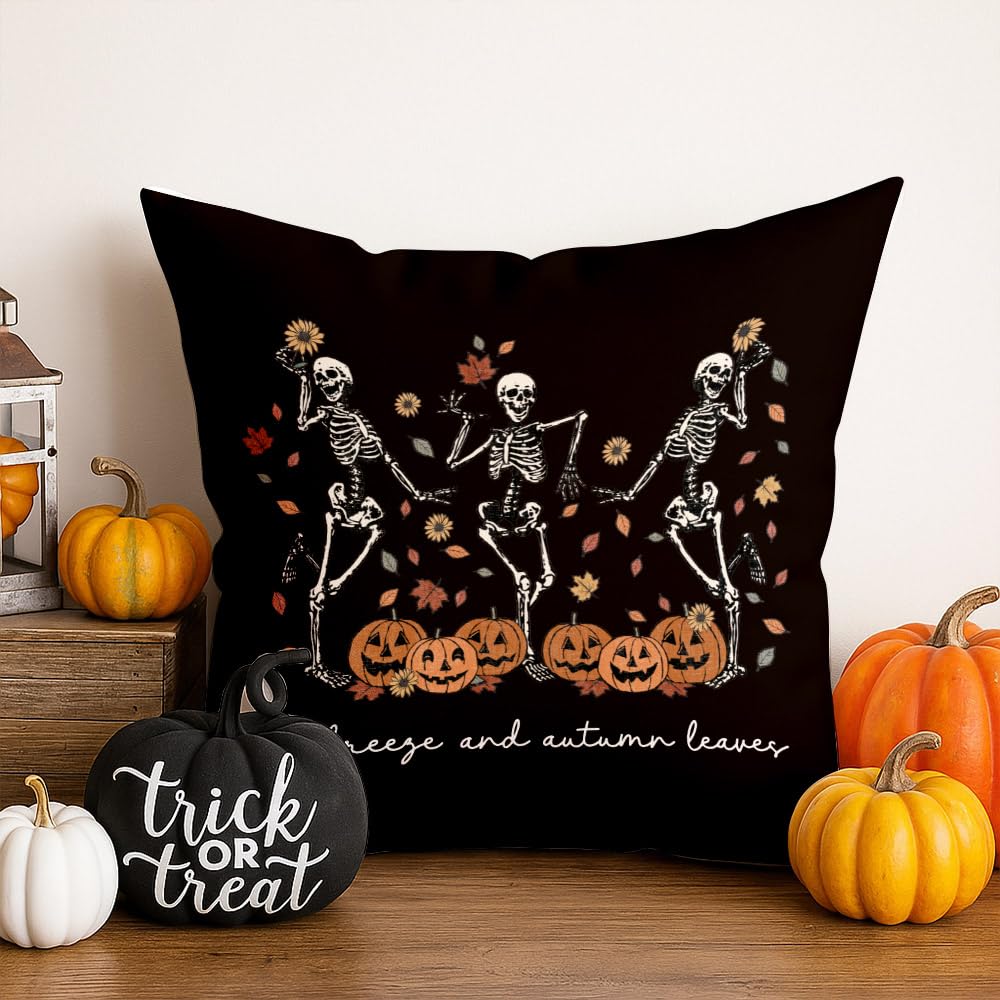 Ymzkpoa Cool Fall Gothic Throw Pillow Cover 18x18, Dancing Skeleton Pillow Cover Pumpkin Indoor Outdoor Decor, Cute Autumn Vintage Halloween Bedroom Decor