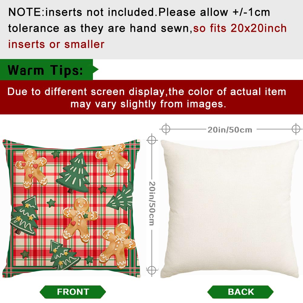 RABUSOFA Christmas Pillow Covers 20x20 Set of 2,Xmas Gingerbread Buffalo Plaid Cushion Case Farmhouse Decoration for Holiday Home Sofa Couch(Multicolor, 20" x 20" (Pack of 2))