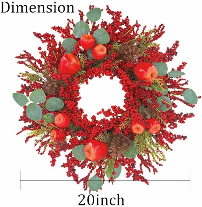 22 inch Christmas Wreath for Front Door - Apple and Berry Wreath for, Artificial Holiday Door Decoration with Mixed Leaves, Farmhouse Style Christmas Wreath