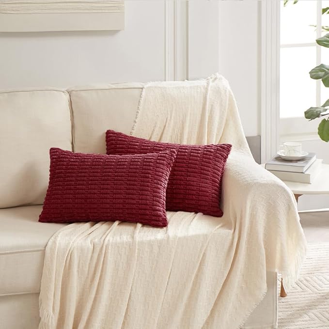 Fancy Homi Wine Red Christmas Lumbar Decorative Throw Pillow Covers 12x24 Inch for Living Room Couch Bedroom, Farmhouse Boho Home Decor, Soft Corduroy Burgundy Rectangle Cushion Case 30x60 cm