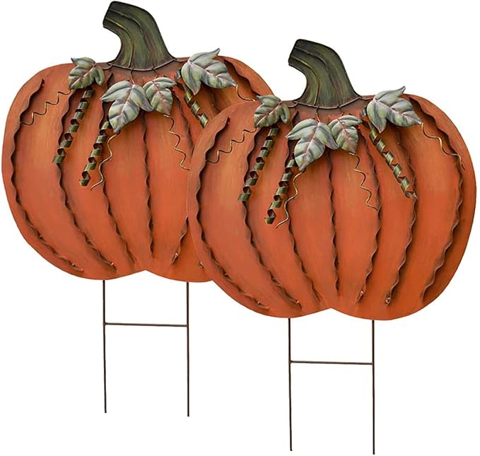 Metal Pumpkin Stakes Yard Signs Fall Decor Decorative Garden Stake Lawn Pumpkins Ornaments Outdoor Autumn Decoration for Harvest Halloween Thanksgiving (26" H Orange x2)