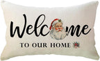 Christmas Welcome Throw Pillow Covers 12 x 20 Inch Farmhouse Seasonal Holiday Decorative Lumbar Pillowcases with Santa Claus Design Cushion Covers for Front Porch Decor (Red/White)
