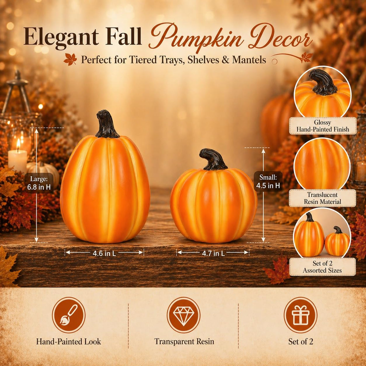 Solar Lighted Pumpkin Decor Outdoor Fall Porch Decorations for Halloween Thanksgiving Outdoor Pumpkin Lights LED Glowing Resin Pumpkins Set of 2 for Porch Patio Yard Garden Tabletop