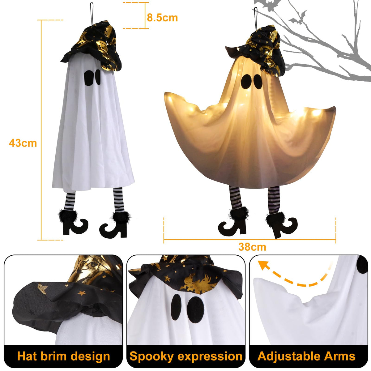 Halloween Hanging Decorations Set of 3 Battery Operated Small Floating Ghost Decor with Witch Hat & Striped Legs, 3 Light Modes Outdoor for Porch Tree Yard Garden Ceiling, Spooky Decor for Party Scene