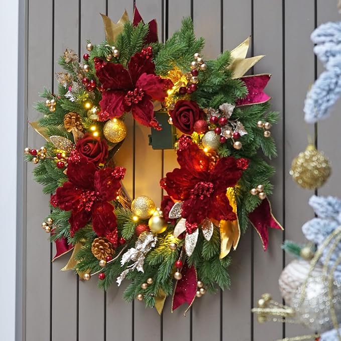 Christmas Wreaths for Front Door, Soomeir 24 Inch Outdoor Christmas Wreath with Lights, Large Prelit Wreath for Holiday Winter Window Outdoor Indoor Xmas
