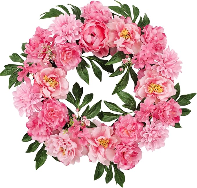 WELL KNOWN Silk Peony Wreaths for Front Door, Artificial Flower Wreath for Seasonal Decor, Indoor Wall Window for Home Decor, Shops Farmhouse Wedding Party Thanksgiving Christmas (Pink)