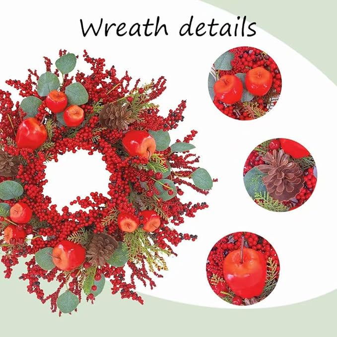 22 inch Christmas Wreath for Front Door - Apple and Berry Wreath for, Artificial Holiday Door Decoration with Mixed Leaves, Farmhouse Style Christmas Wreath