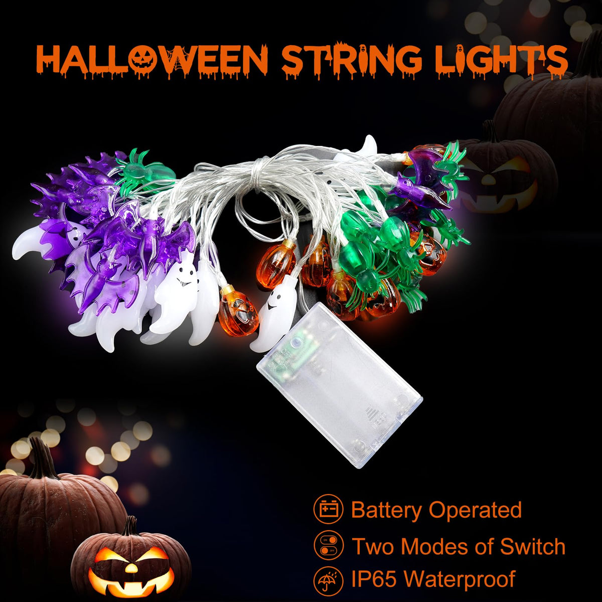 Halloween Lights Decorations, 20FT 40 LED 3D Pumpkin Bat Ghost Spider Battery Operated Halloween String Lights, Waterproof Twinkle Lights for Home Door Porch Indoor Outdoor Party Decor