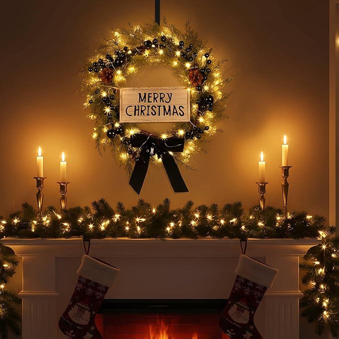 Lighted Christmas Wreath for Front Door with Metal Hanger 16'' Artificial Norfolk Wreath with Velvet Bow LED Lights Jingle Bells Pinecone Berries Christmas Holiday Winter Decor(Black)
