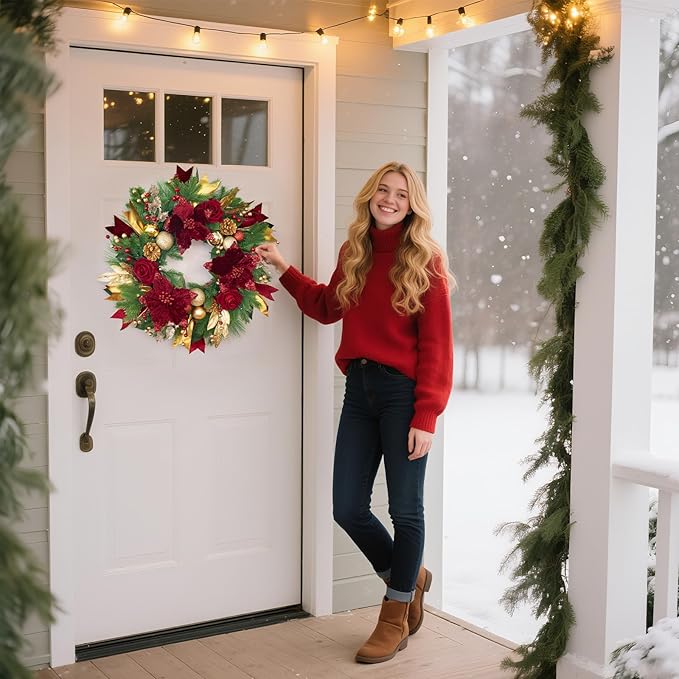 Christmas Wreaths for Front Door, Soomeir 24 Inch Outdoor Christmas Wreath with Lights, Large Prelit Wreath for Holiday Winter Window Outdoor Indoor Xmas