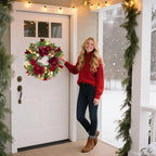 Christmas Wreaths for Front Door, Soomeir 24 Inch Outdoor Christmas Wreath with Lights, Large Prelit Wreath for Holiday Winter Window Outdoor Indoor Xmas