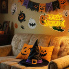 HAPPY HALLOWEEN Neon Sign, Bright Yellow LED Wall Light with Bats, Spider Webs & Skull, Halloween Party Decoration for Home, Bar, Dorm, Spooky Décor