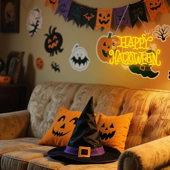 HAPPY HALLOWEEN Neon Sign, Bright Yellow LED Wall Light with Bats, Spider Webs & Skull, Halloween Party Decoration for Home, Bar, Dorm, Spooky Décor