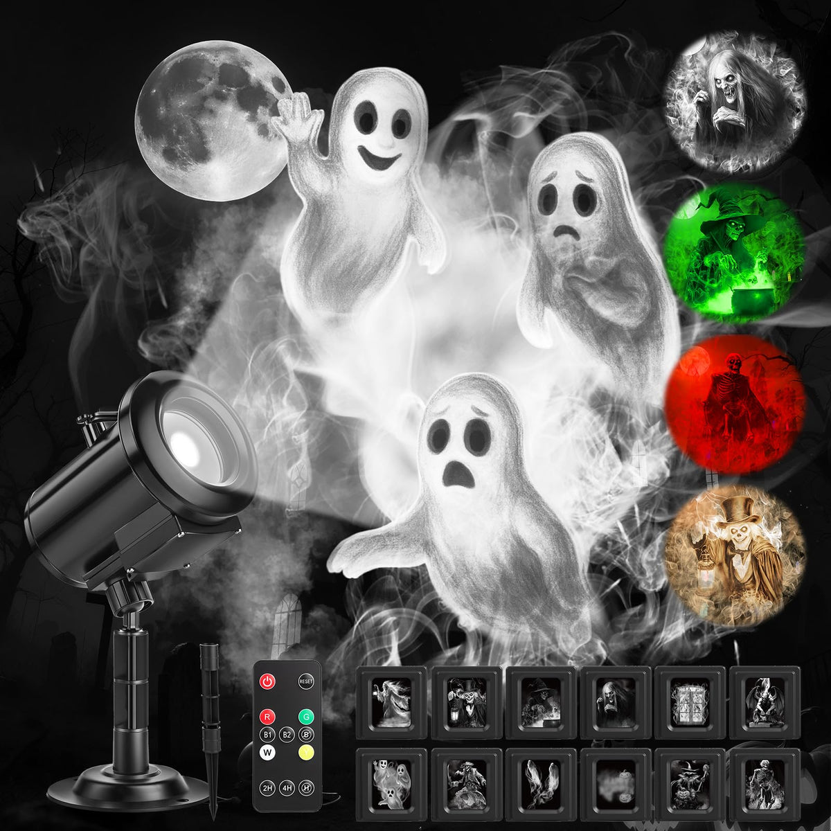 12 in 1 Halloween Ghost Projector Light Outdoor, 3D Dynamic Decoration Light 4 Color, Waterproof Scary Projector with Skeleton Ghost/Ghost/Pumpkin/Witch for Home Window Wall Halloween Holiday Decor