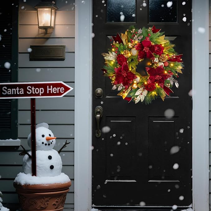 Christmas Wreaths for Front Door, Soomeir 24 Inch Outdoor Christmas Wreath with Lights, Large Prelit Wreath for Holiday Winter Window Outdoor Indoor Xmas