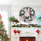 24 inch Pastel Christmas Door Wreath, Candy Cane Pine Wreaths for Front Door with Pink and Blue Ball Pinecones Berries for Fireplace Xmas Decorations, Wall Party Staircase Indoor Outdoor Holiday Decor