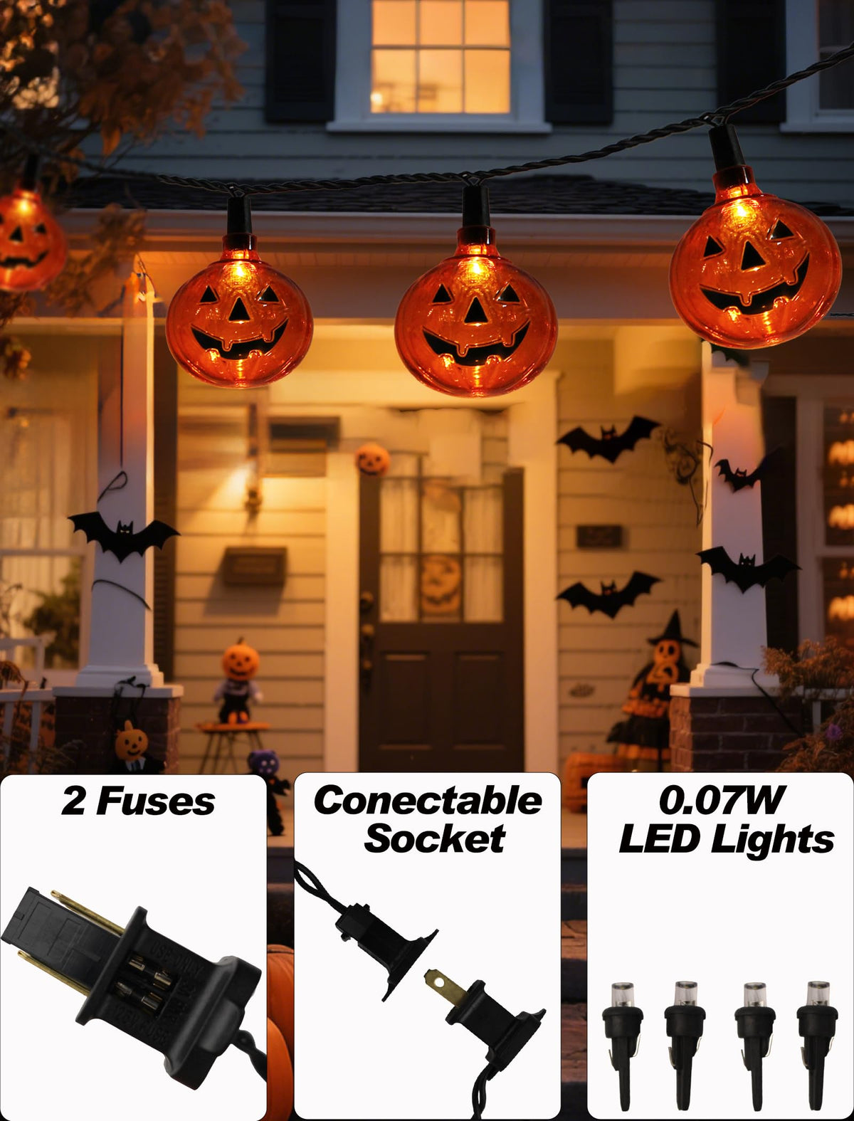 Xingzd 8.5Ft LED Halloween Lights Pumpkin String Lights with 10 Smiling Jack O Lantern Pumpkin Lights, Clear Orange Jack O Lantern for Home Party Yard Porch Indoor Outdoor Decor Halloween Decorations