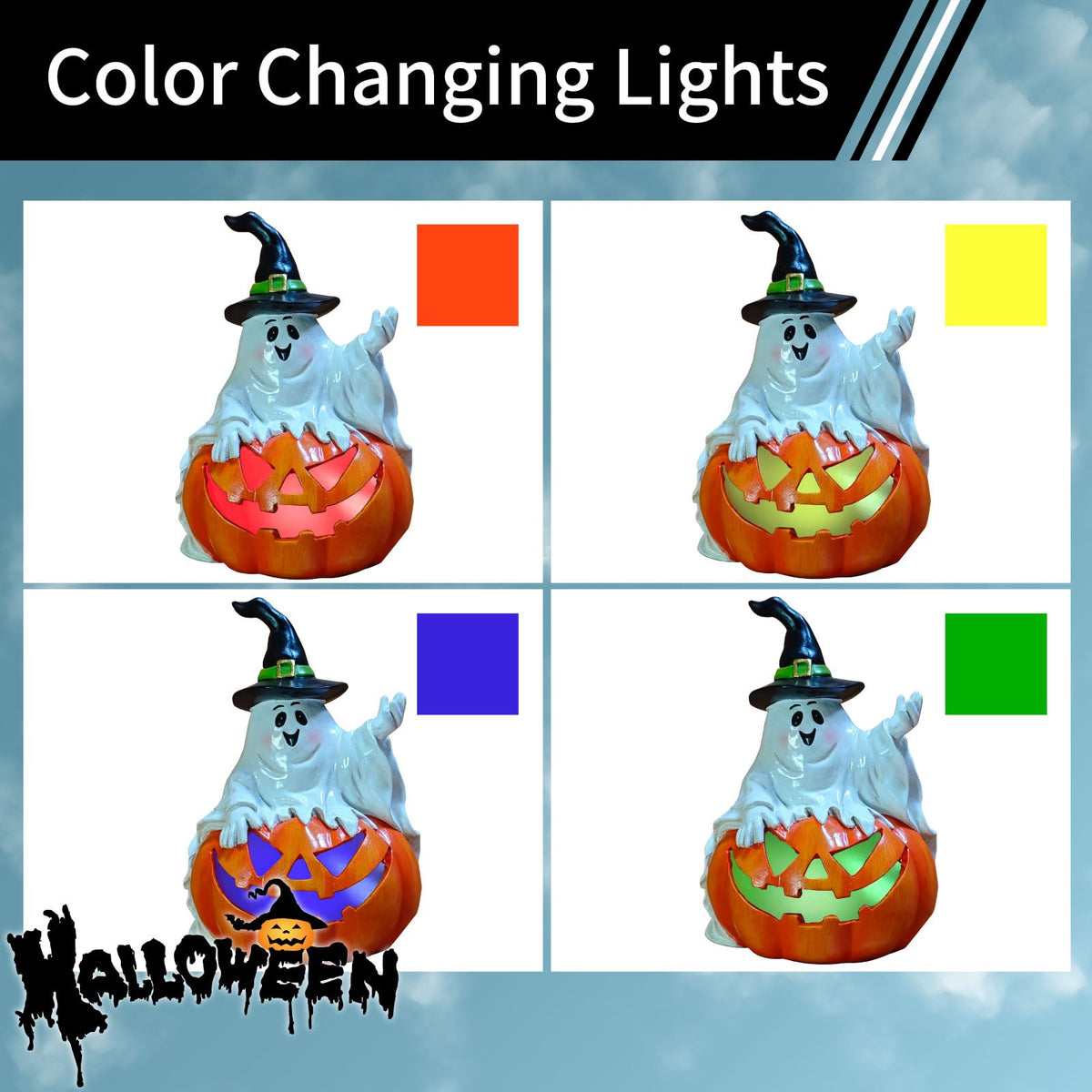 Ghost Halloween Decorations Outdoor with Solar LED Lights, Cute Spooky Ghost Jack-O-Lantern Pumpkin Figurines, Color Changing Halloween Decor Outside for Yard Porch Garden Lawn Party