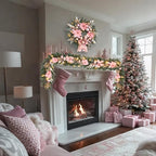 22inch Christmas Pink Wreath for Front Door with 25 LED Lights w/Timer,Elegant Magnolia Christmas Door Wreath,Lighted Festive Winter Decor,Pink Decorations for Wedding