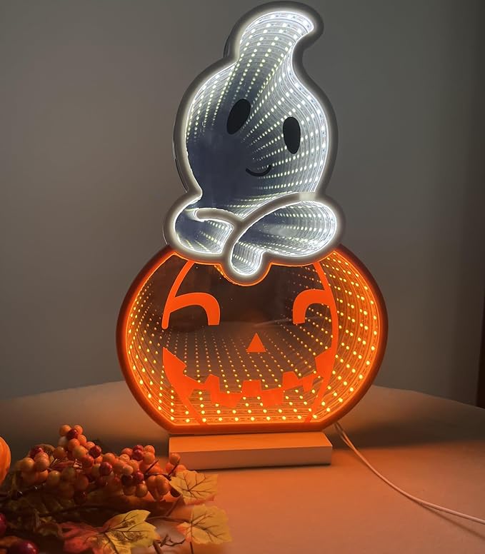 LED Halloween Pumpkin Light, Cute Neon Pumpkin and Ghost Sign Decor,11.57 Inch Halloween 3D Infinity Lights with USB Powered for Table, Room, Party Decoration