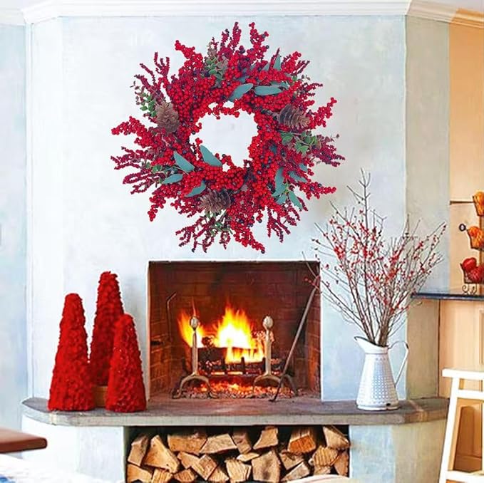 20 Inch Christmas Wreath for Front Door, Artificial Berry with Pinecone, Artificial Red Berry Flower Garlands, Used for Window, Wall, Porch, and Other Indoor and Out Door Home Decorations