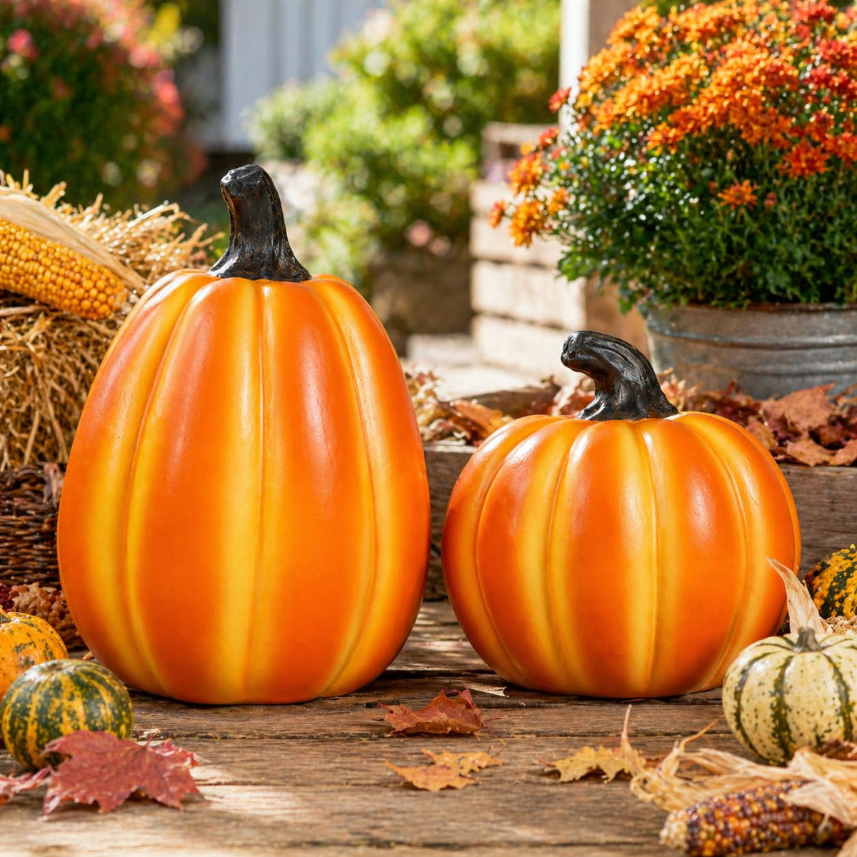 Solar Lighted Pumpkin Decor Outdoor Fall Porch Decorations for Halloween Thanksgiving Outdoor Pumpkin Lights LED Glowing Resin Pumpkins Set of 2 for Porch Patio Yard Garden Tabletop