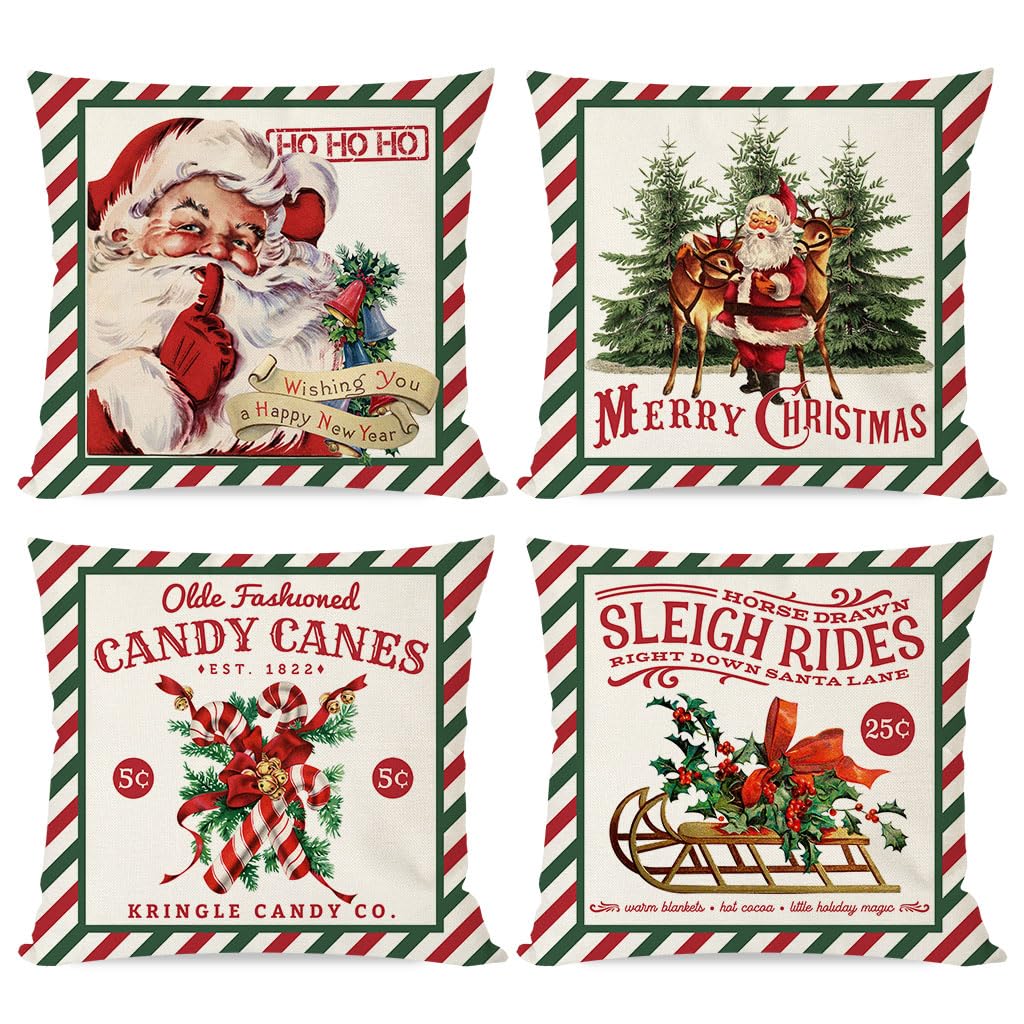 PANDICORN Christmas Pillow Covers 18x18 Set of 4, Vintage Christmas Decor, Holiday Red Green Striped Candy Cane Santa Sleigh Rides Reindeer Xmas Tree Cushion Cases Decoration for Home Sofa Couch