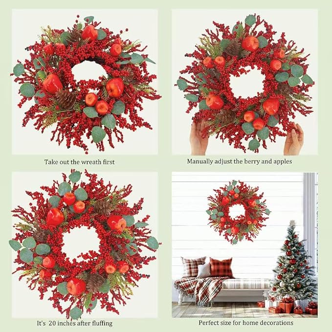 22 inch Christmas Wreath for Front Door - Apple and Berry Wreath for, Artificial Holiday Door Decoration with Mixed Leaves, Farmhouse Style Christmas Wreath