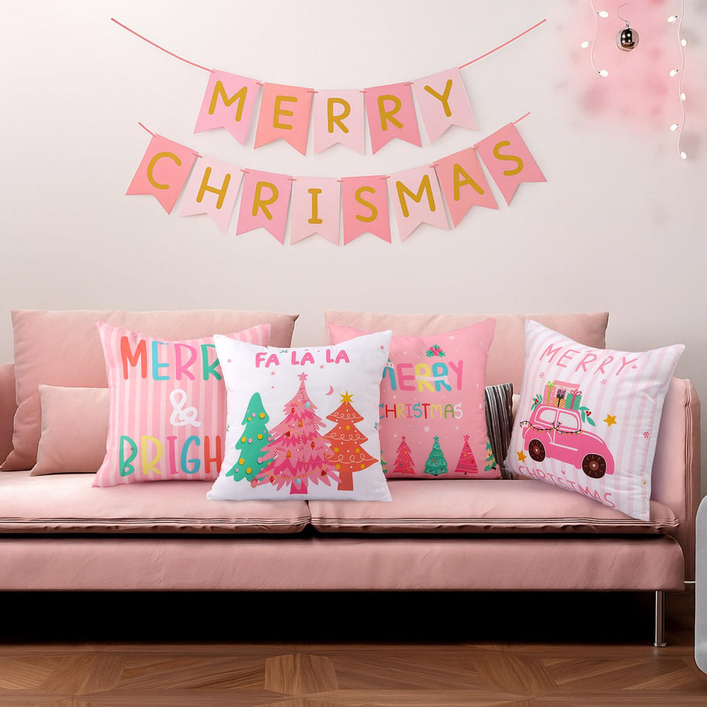 HunnmingRe 6 Pcs Pastel Christmas Throw Pillow Covers 18 x 18 Inch Pink Nutcracker Xmas Trees Truck Pillow Case Soft Candyland Cushion Case Pastel Pink Christmas Decor for Home Couch Sofa Bed Chair