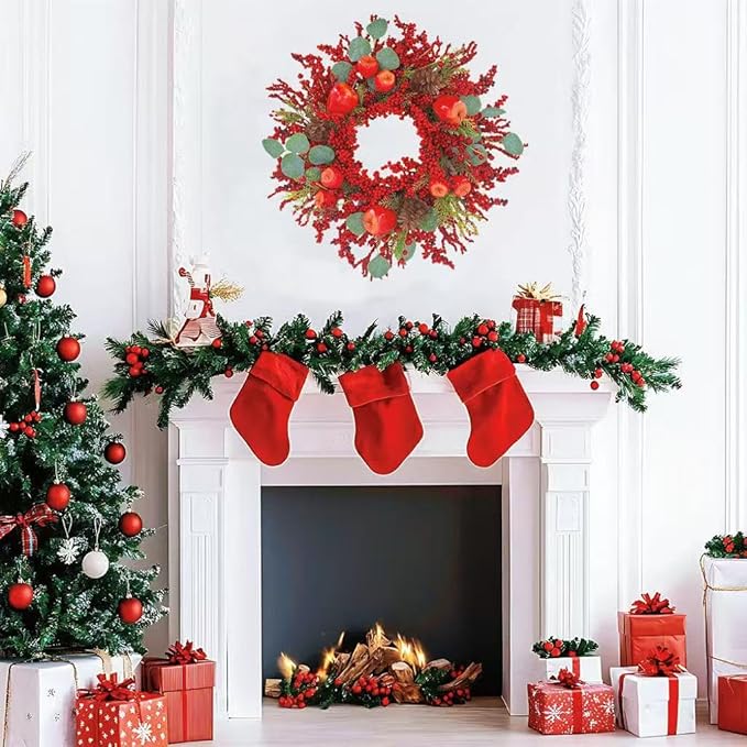 22 inch Christmas Wreath for Front Door - Apple and Berry Wreath for, Artificial Holiday Door Decoration with Mixed Leaves, Farmhouse Style Christmas Wreath
