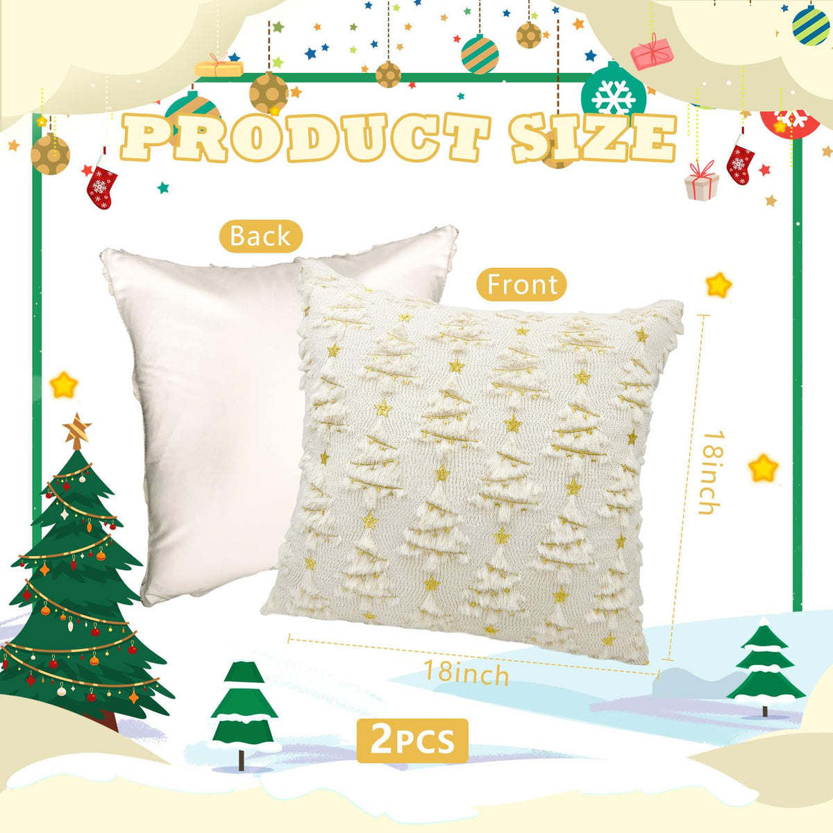 Christmas Pillow Covers 18x18 inch Set of 2 Soft Plush Faux Fur Christmas Decoration Beige Xmax Tree Yellow Colored Lights Decor Pattern Throw Pillow Case for Sofa Holiday Festivals Winter Home Decor