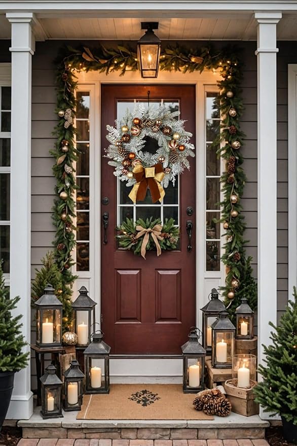 24" Christmas Wreath for Front Door Artificial Unlit Winter Wreath with Pine Cones, Berry Clusters, Bronze Ball Ornaments and Ribbon for Thanksgiving Holiday Christmas Decoration