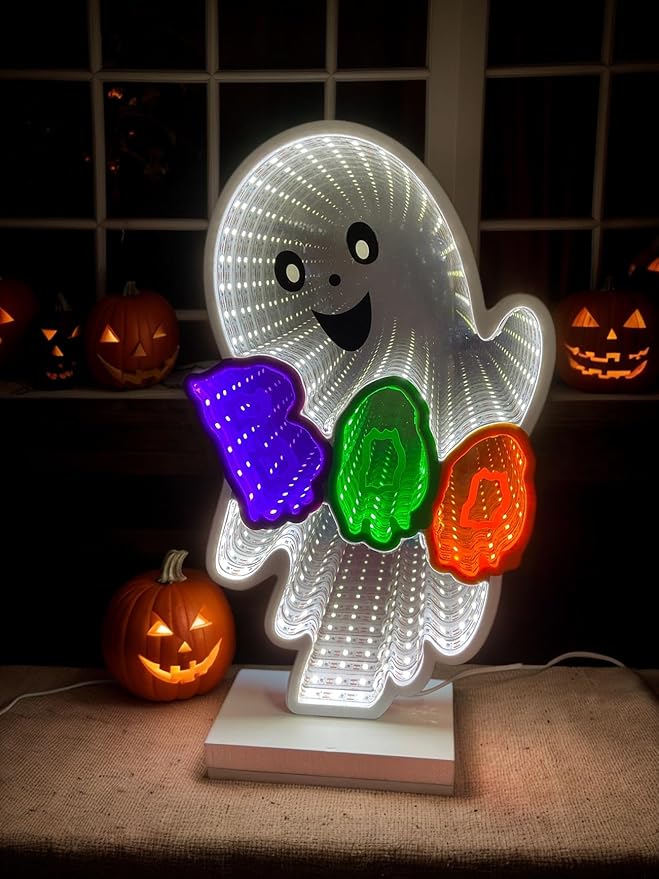 Halloween Neon Infinity Ghost Light,10.24Inch 3D Ghost Table Decor,USB Powered Light Décor for Halloween Party,Office,Bedroom Bathroom Decoration