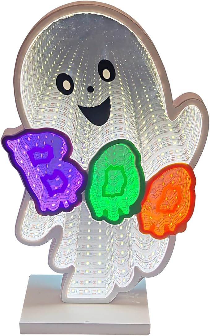 Halloween Neon Infinity Ghost Light,10.24Inch 3D Ghost Table Decor,USB Powered Light Décor for Halloween Party,Office,Bedroom Bathroom Decoration