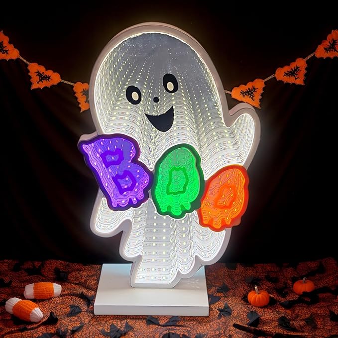 Halloween Neon Infinity Ghost Light,10.24Inch 3D Ghost Table Decor,USB Powered Light Décor for Halloween Party,Office,Bedroom Bathroom Decoration
