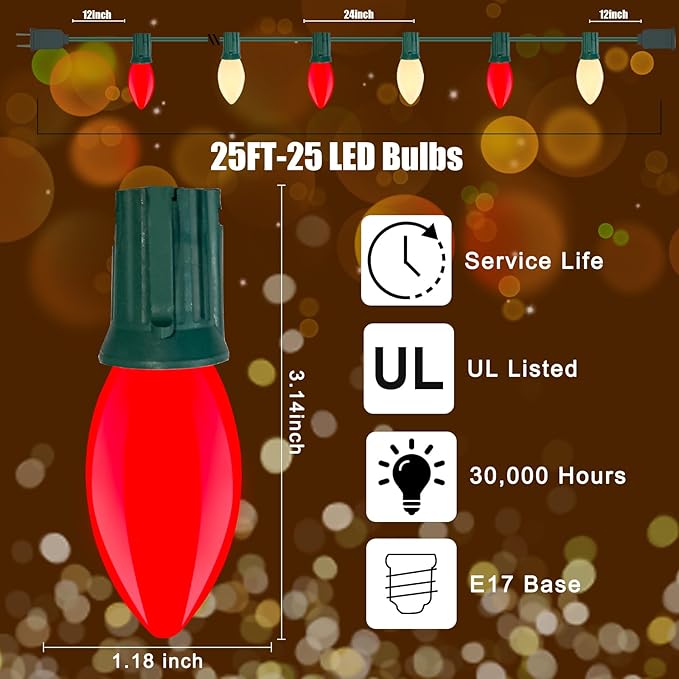 Red and White LED Christmas Lights,25FT Vintage C9 Red White Christmas Lights Outdoor with 26 LED Bulbs,Commercial Extendable Xmas Light for Roofline Patio Holiday Party Backyard Xmas Decor