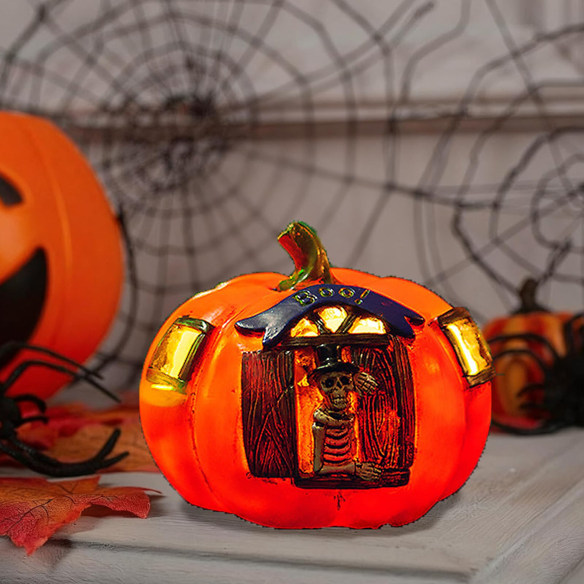 VGE Halloween Skull Pumpkin LED Lantern, Jack O Lantern Light Up Decor with Skeleton Design for Indoor Outdoor, Gothic Home Resin Pumpkin Lights Decor for Party Porch Garden Tabletops Mantel, Orange
