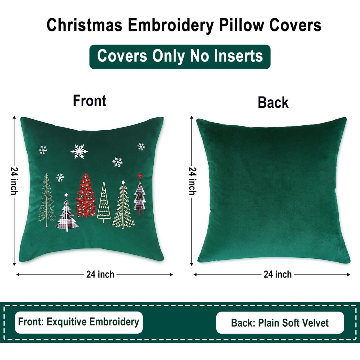 Tosleo Christmas Embroidery Throw Pillow Covers 24 x 24 inch Set of 2 Xmas Dec Velvet Pillowcases Forest Green Christmas Trees Cushion Pillow Cases Soft Square Holiday Pillowcase