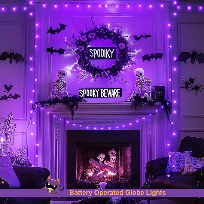 JMEXSUSS Purple Halloween Lights, 33ft with 8 Modes Remote, 100 LED Globe String Lights Outdoor Battery Operated for Halloween Bedroom Party Christmas Decor