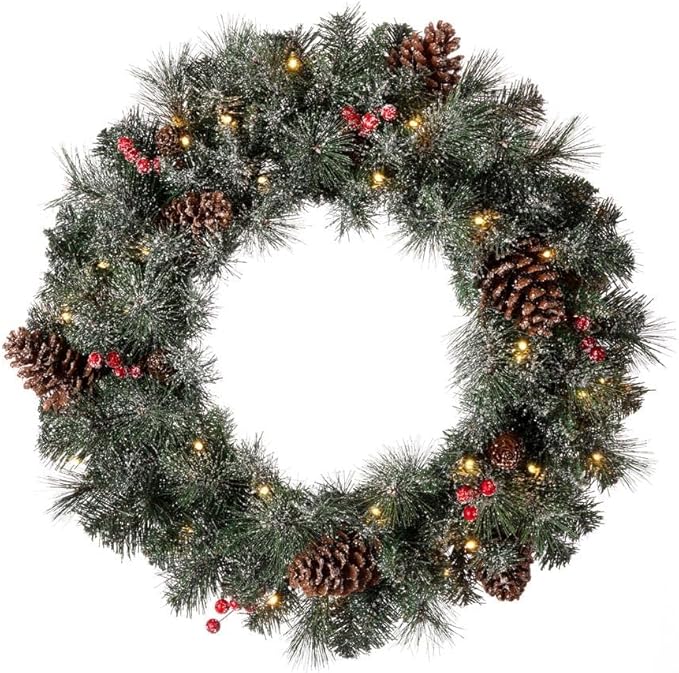 Glitzhome 24" D Pre-Lit Glittered Pine Cone Christmas Wreath with Warm White LED Lights and Timer for Front Door Wall Window Party Decor