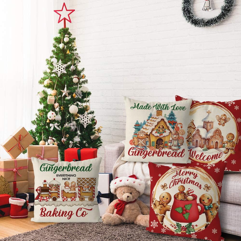 GAGEC Christmas Pillow Covers 16x16 Inch Vintage Gingerbread Red Throw Pillow Covers Christmas Xmas Winter Pillowcase Home Decor Living Room House Decorative Cushion Case for Sofa Couch