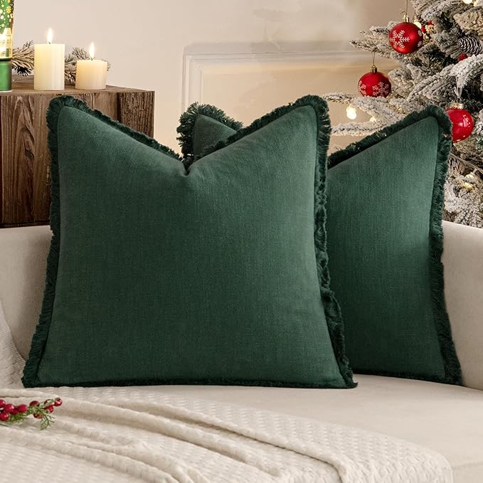 MIULEE Christmas Decorative Throw Pillow Covers Neutral Linen Fringe Throw Pillows Set of 2 Army Green Boho Farmhouse Cushion Covers with Tassels for Couch Sofa Bed Living Room Home Decor 18x18 Inch