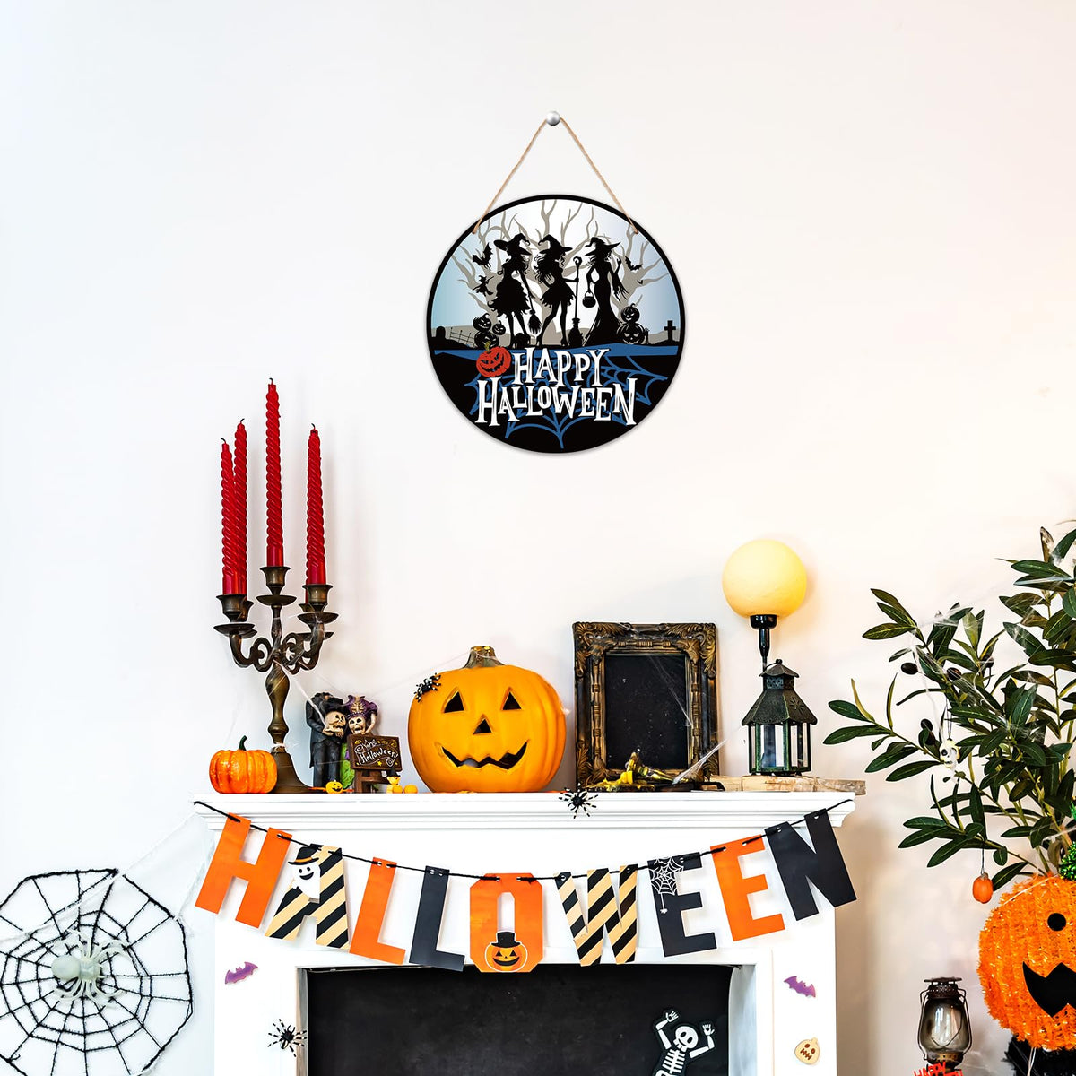 Cazhes Halloween Door Decorations - 12" Witch Welcome Sign for Front Door, Pumpkin Wooden Hanger for Home Porch Indoor Outdoor Wall Decor -B09